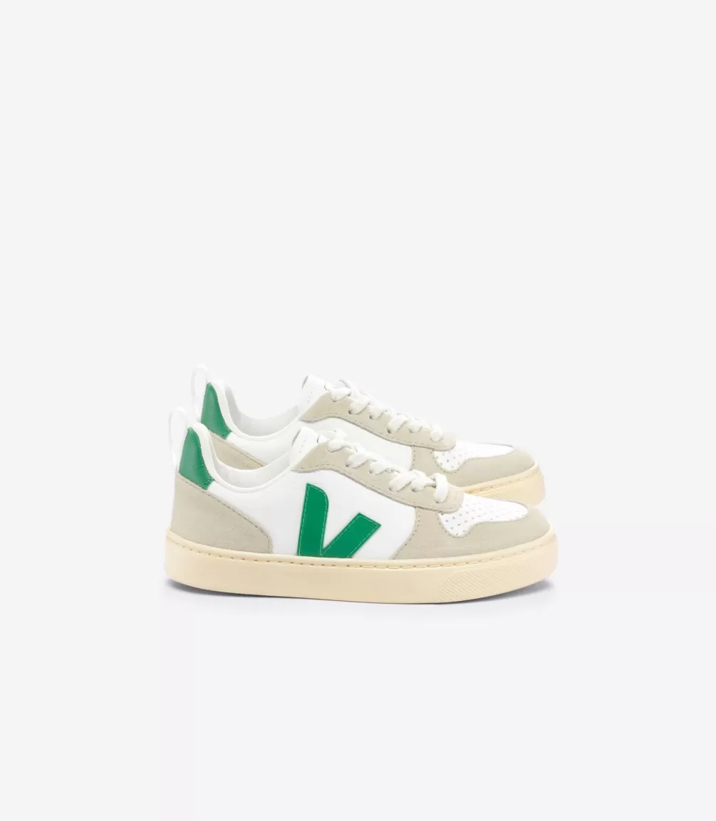 V-10>VEJA V-10 LACES LEATHER WHITE EMERAUDE ALMOND